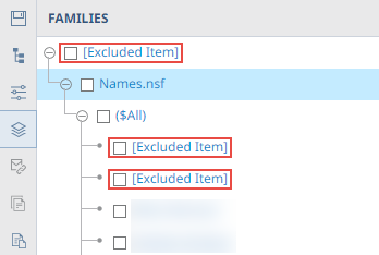 Families pane; excluded items with obscured names are highlighted.